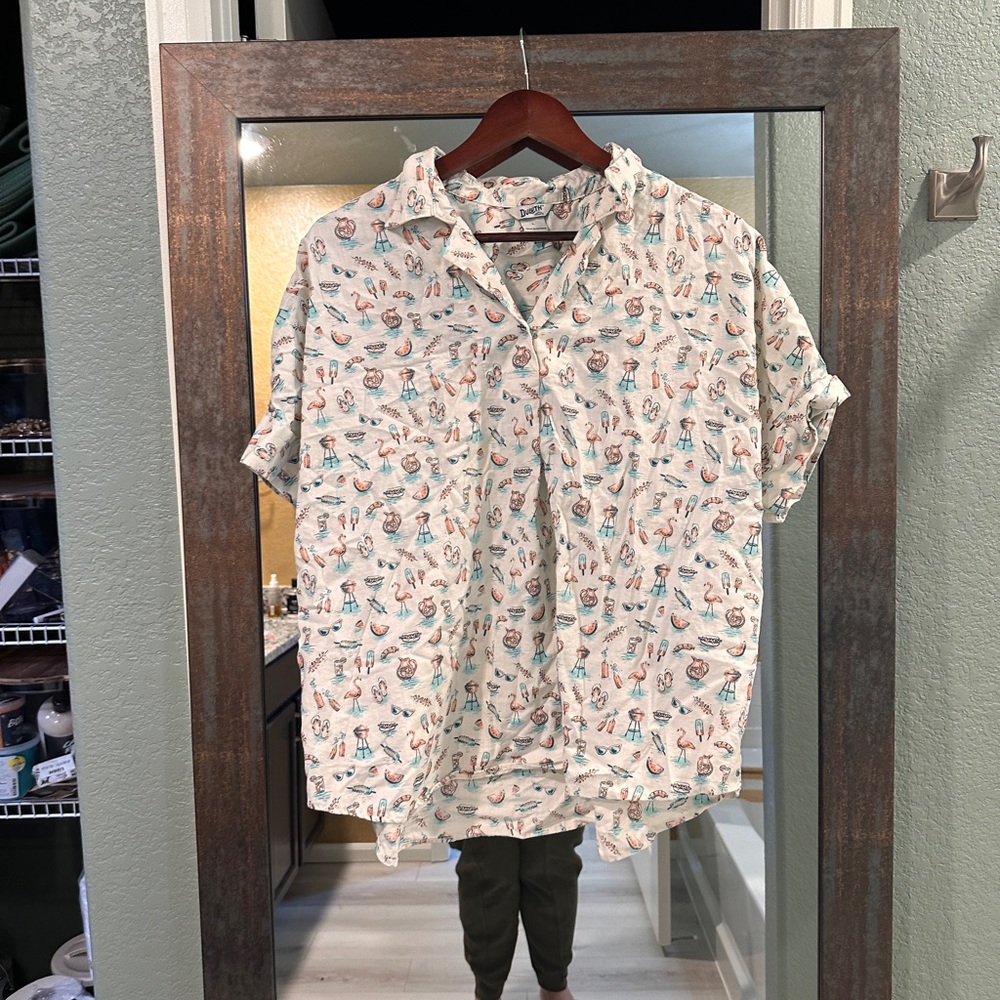 Duluth Trading Co Women's Button Down Shirt - Cream with Multicolor Print